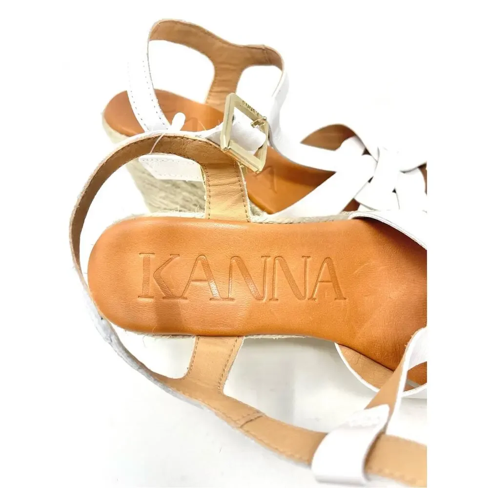 NEW KANNA Made In Spain White Leather Espadrille Wedge Sandals Size 6, EU 36